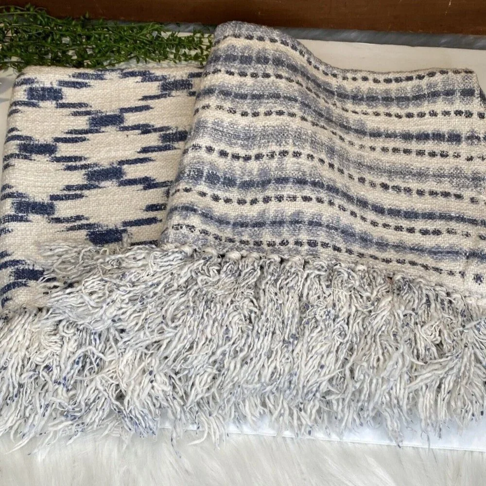 Set of 2 Zippered Fringe Pillow Shams Blue White Geometric Cotton Made in India